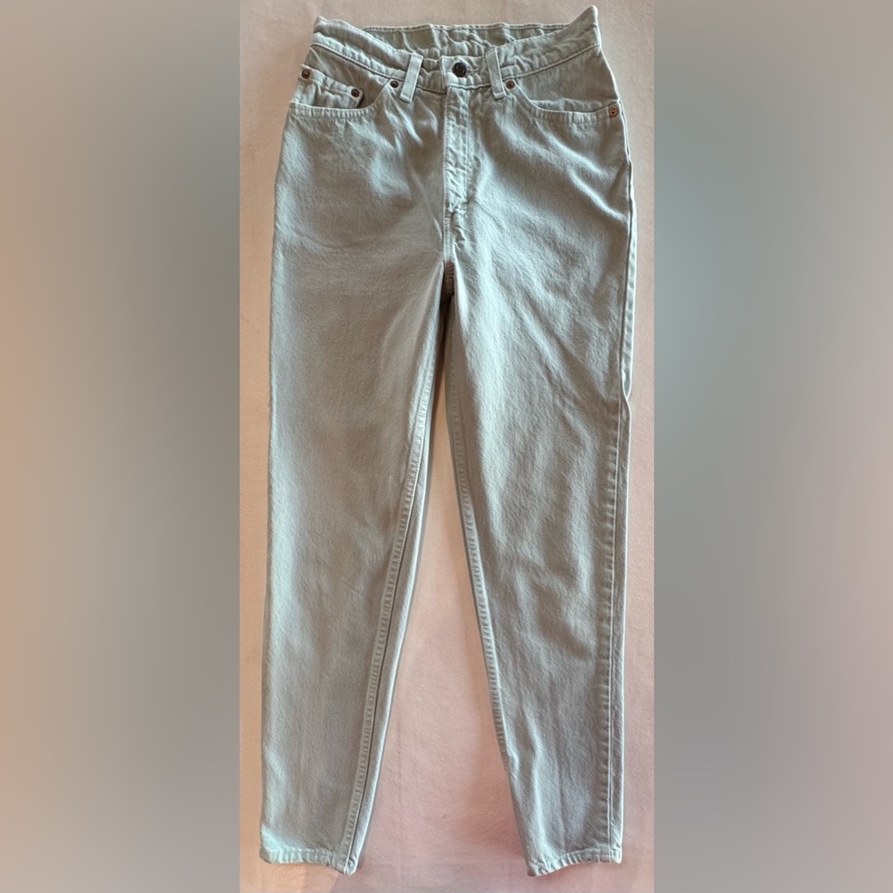 ‘93 Vintage LEVI’s 512 Slim Fit High-Rise Tapered Leg Green Jeans (W25/26 L31) - Picture 3 of 17